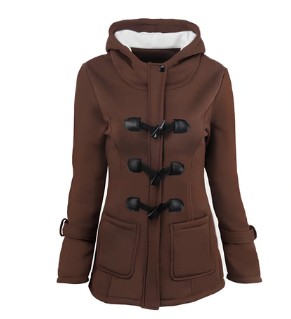 Women's green long down parka with fur collar, horn buttons, and hood - medium 65-80cm length, slim fit for winter