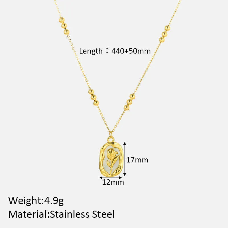 Simple rose white shell flower pendant necklace on regular chain for women, stainless steel with 18K electroplated finish