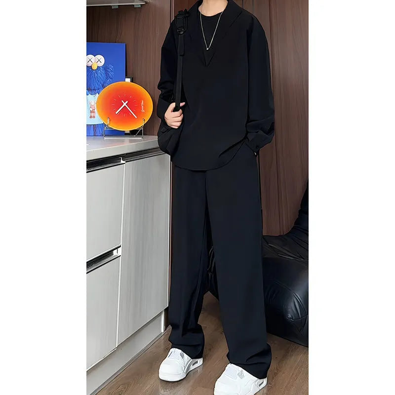 Men's black slim fit long sleeve polo shirt and matching trousers casual two-piece set.