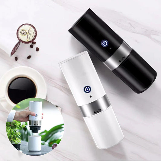 Versatile portable coffee maker with one-button operation, compatible with coffee capsules and ground coffee for on-the-go convenience