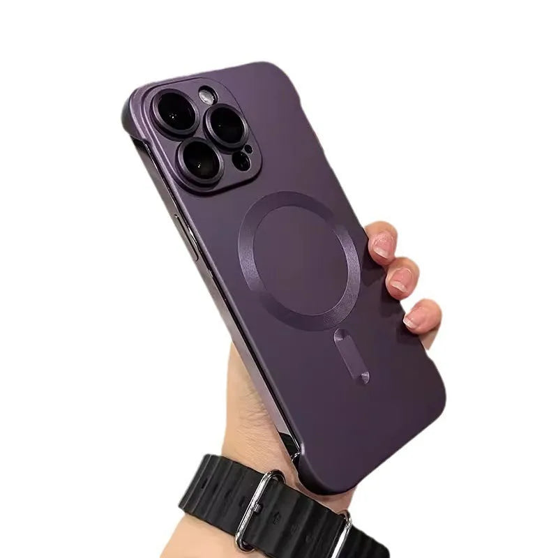 Ultra-thin frameless magnetic phone case for iPhone 15 series in frosted PC, black colour