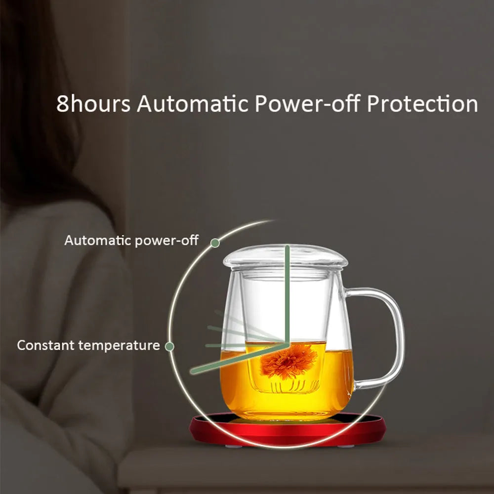 Black USB heating coaster with temperature adjustment buttons for warming coffee and tea mugs