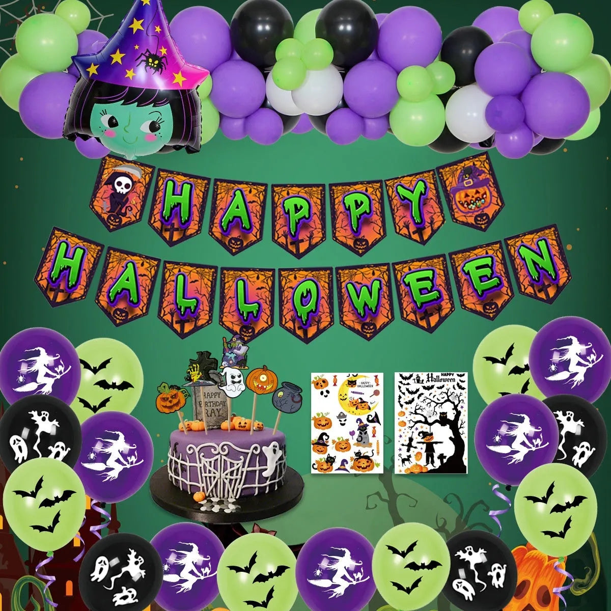 Halloween spider web balloon arch decoration set with skull and pumpkin themed balloons in white and black