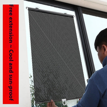 Punch-free window sun protection shutter in black dots and silver laser options, sizes from 40x60cm to 58x125cm