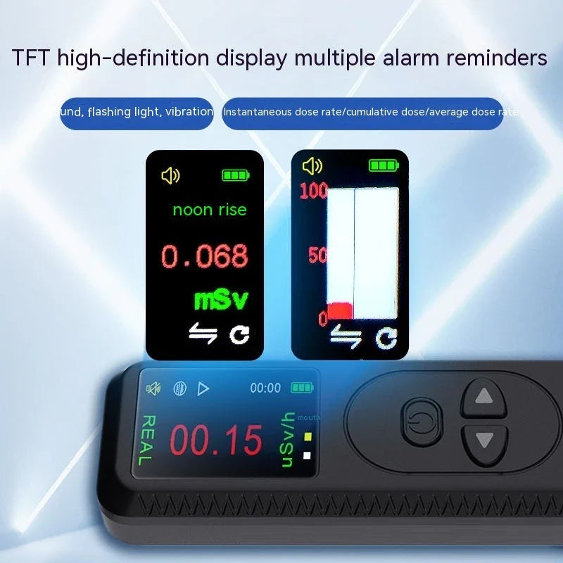 Portable Geiger counter nuclear radiation detector with TFT color display, measures X, gamma, and beta radiation levels