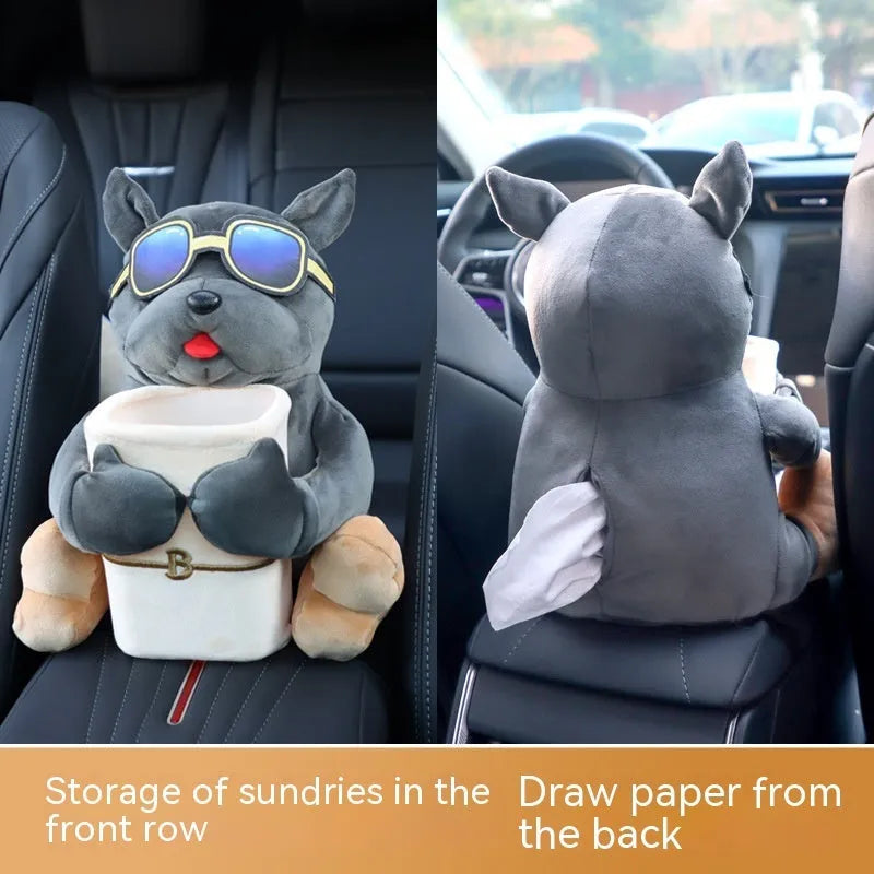 Plush hanging car tissue box organiser for the centre armrest in a choice of designs