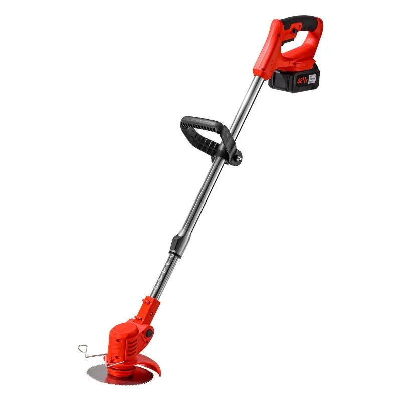 Portable household weeding machine in bare metal finish for garden pruning and vegetation control.