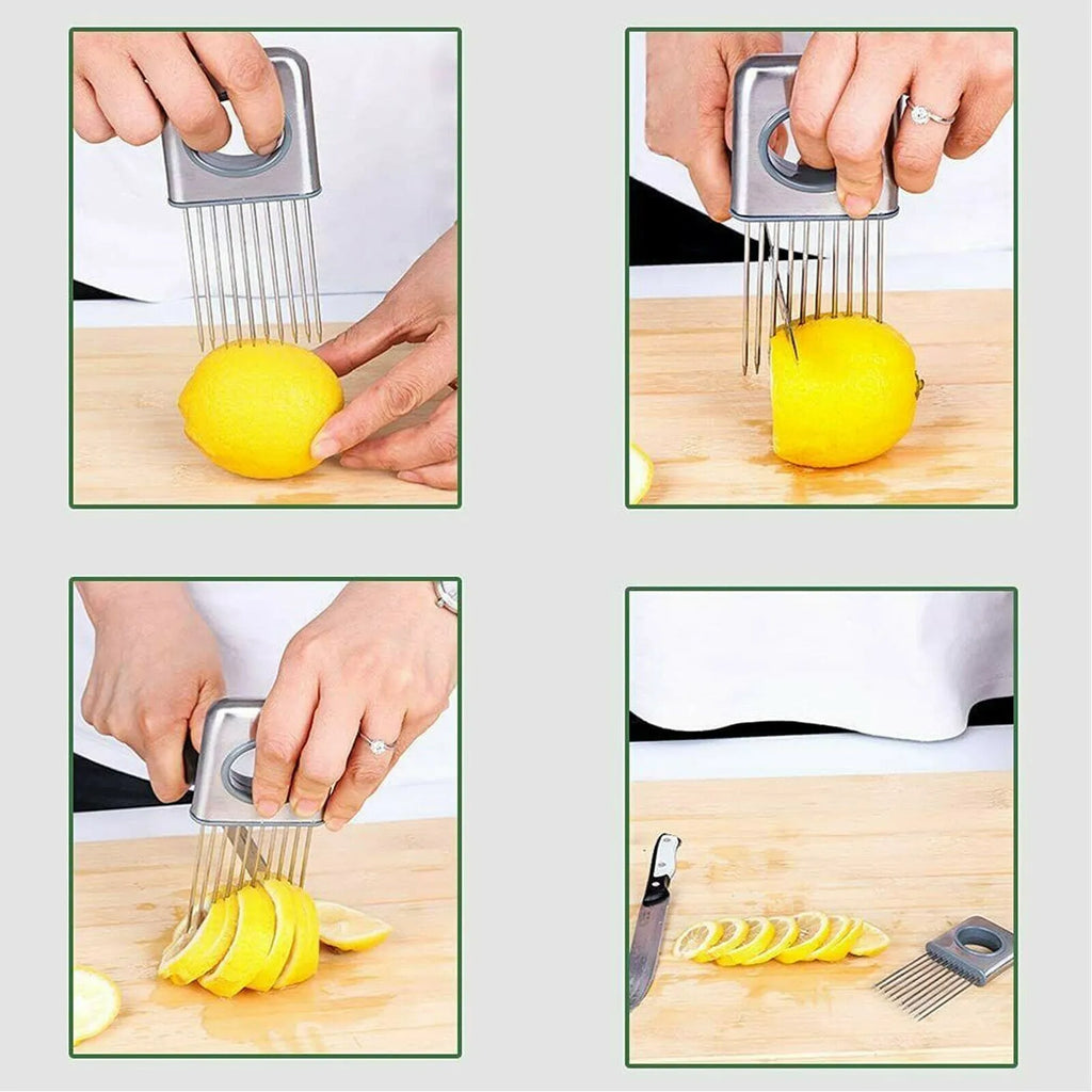 Stainless steel onion holder with sharp prongs and a finger guard on a kitchen counter.