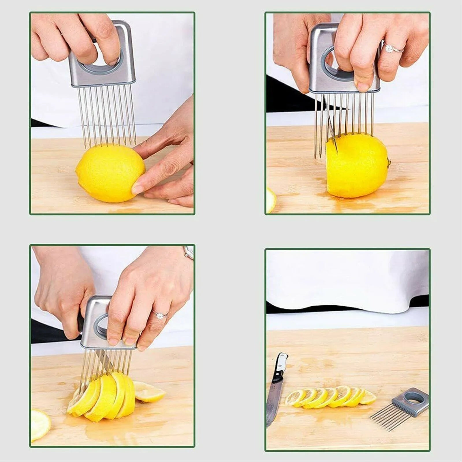 Stainless steel onion holder with sharp prongs and a finger guard on a kitchen counter.