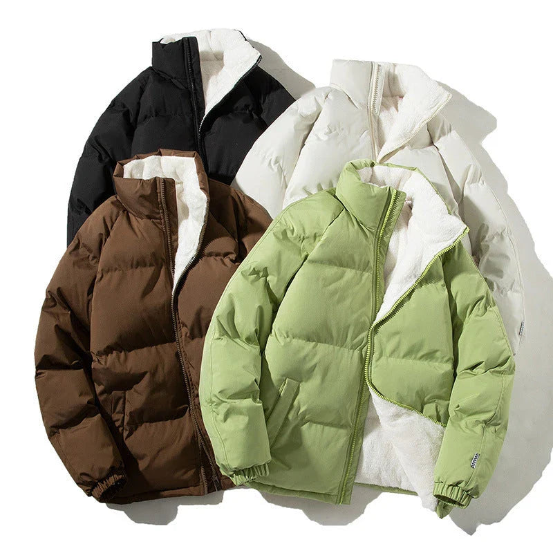 Cozy and stylish couples' winter jacket with stand-up collar, pockets, and plush lining for warmth