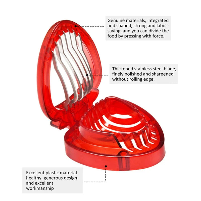 Red strawberry slicer with stainless steel blades for efficient and uniform fruit slicing
