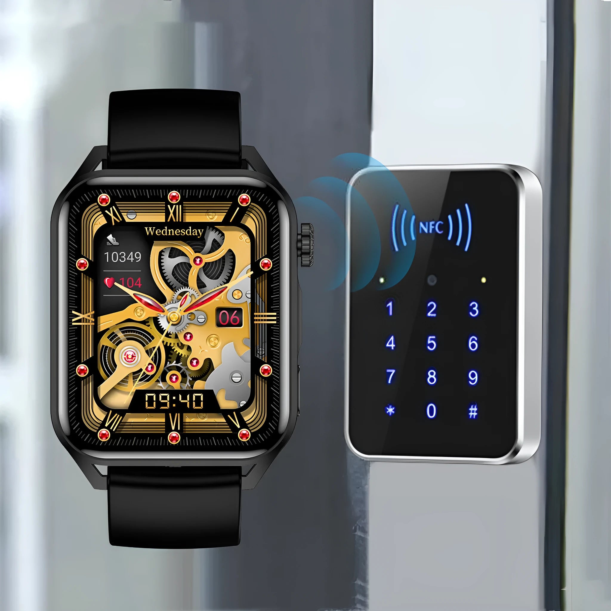 Black AMOLED smart watch with multi-dial display on a silicone wrist strap