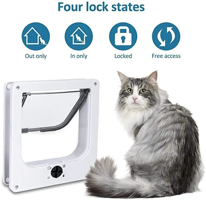 Interior cat door with rotary lock and magnetic closure in Black, showing the frame and flap