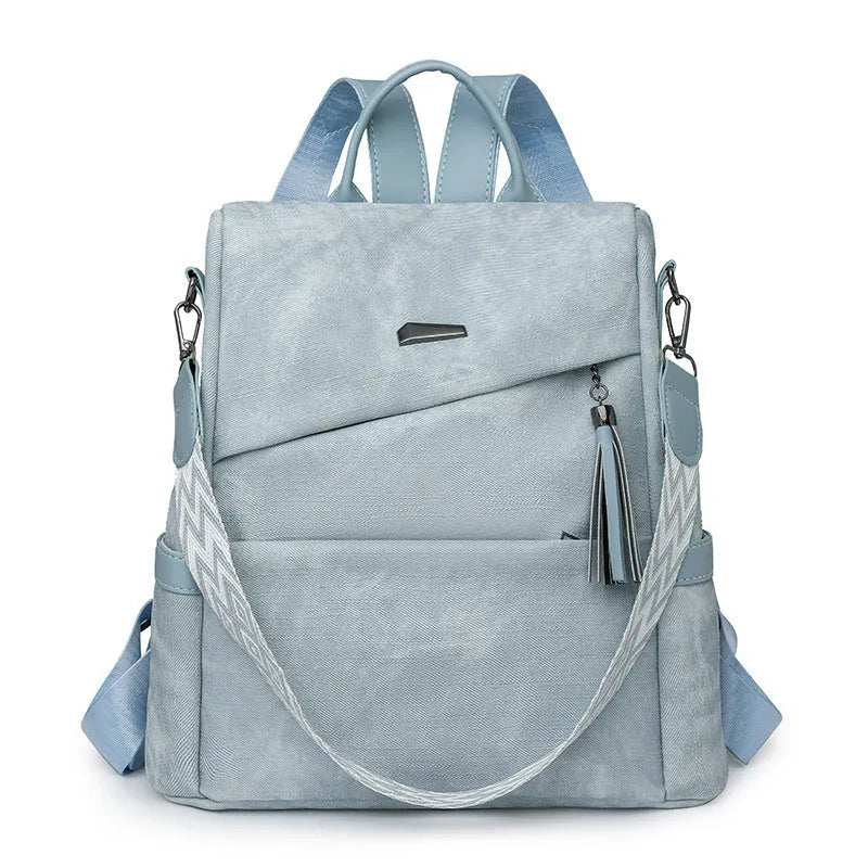 Women's PU leather national style contrast colour backpack with multiple pockets, available in beige, black, blue, dark brown, khaki, and light blue