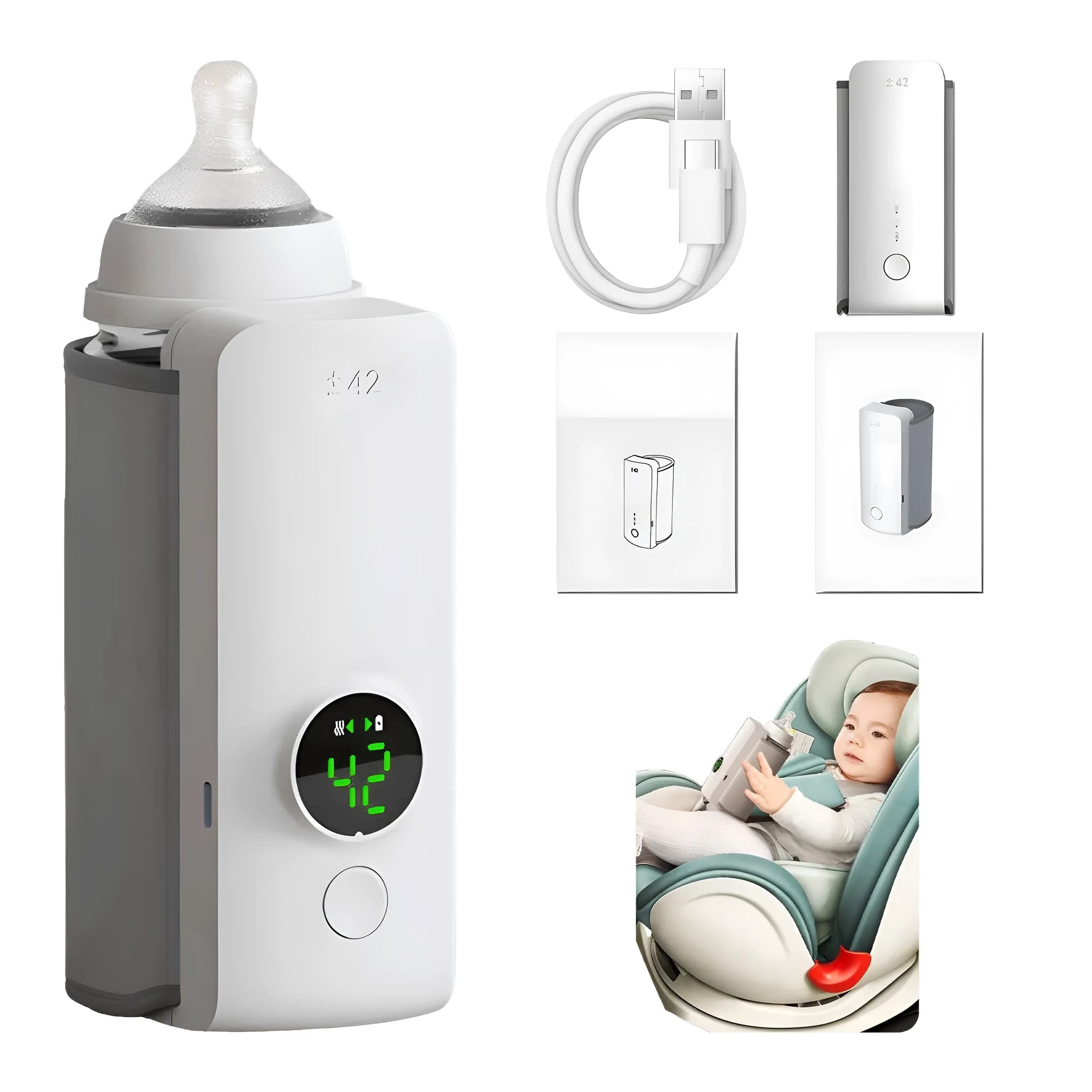 Portable USB-charged baby bottle warmer showing wrap-around design for universal bottle fitting