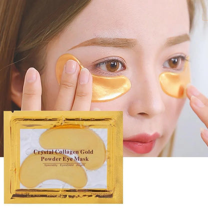 Gold crystal collagen eye patches applied under eyes for dark circle and fine line treatment