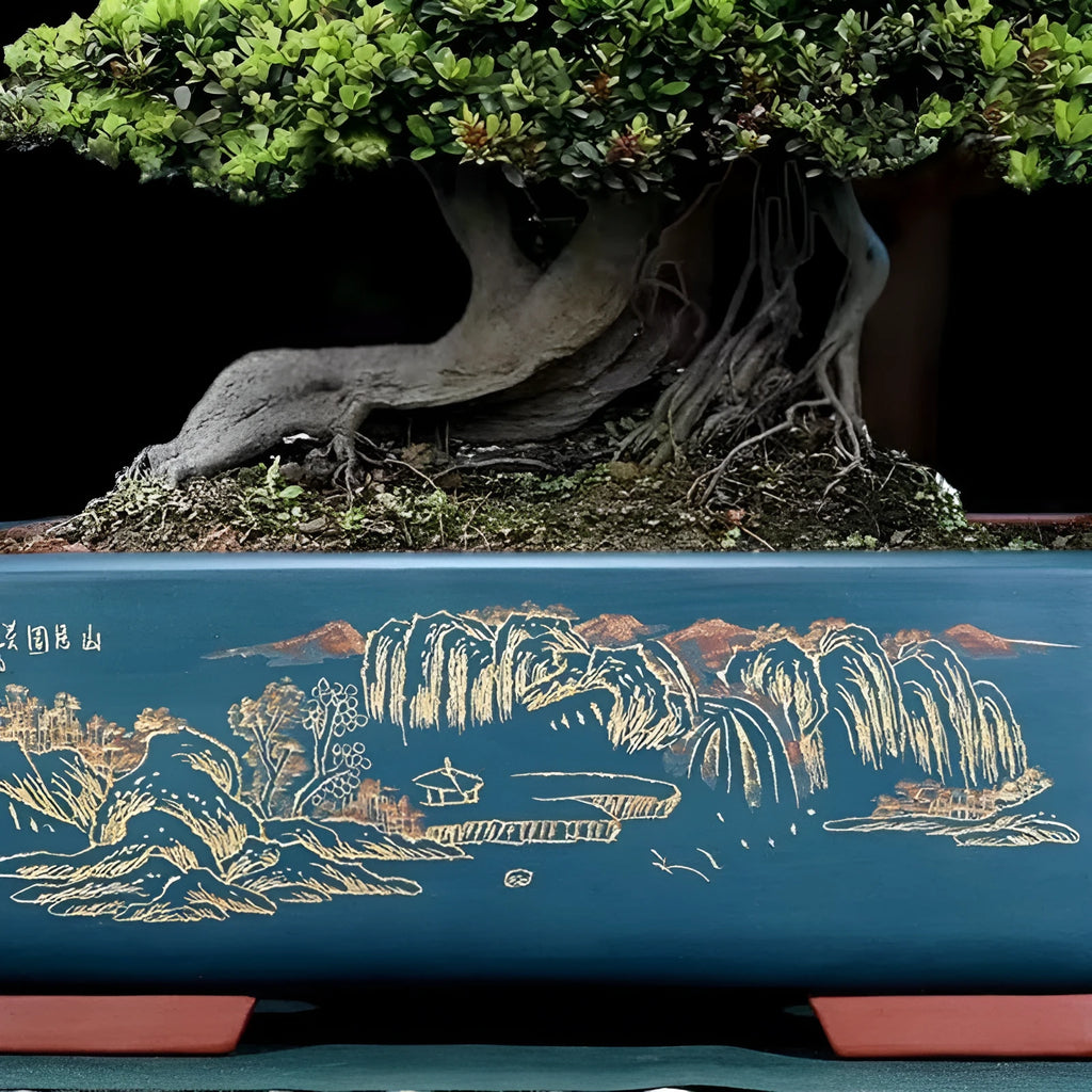 Handmade purple clay rectangle bonsai pot for large trees with blue glaze finish