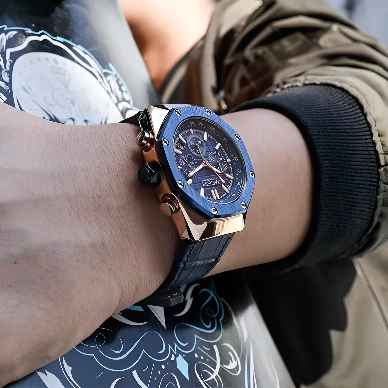 Men's multifunctional waterproof quartz watch with blue, rose gold edge black steel, and all black steel strap options