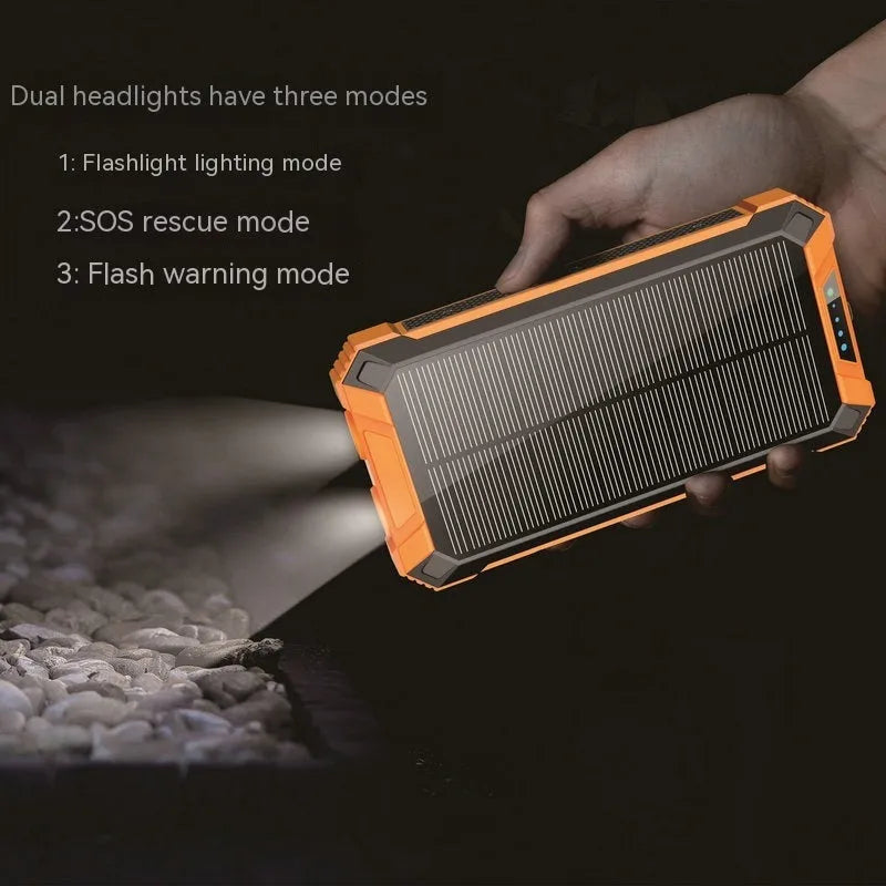 Portable solar power bank with wireless charging, plastic shell, 173x89x28mm, in orange black colour option.