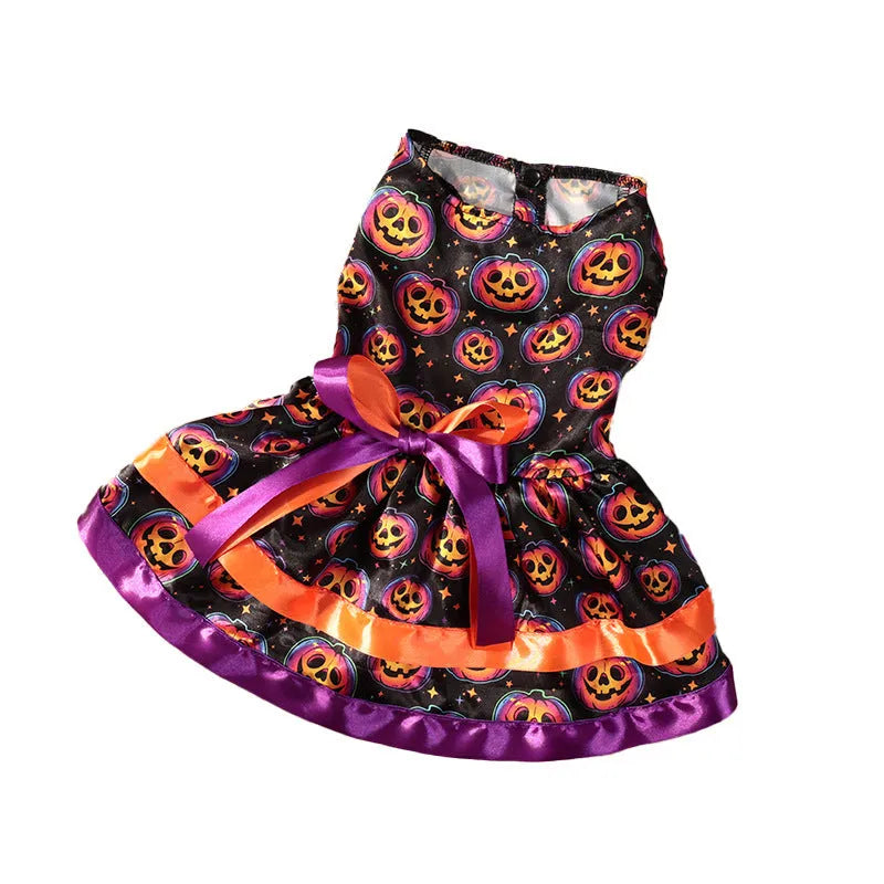 Halloween dog skirt in colourful pumpkin print, size medium, on a mannequin.