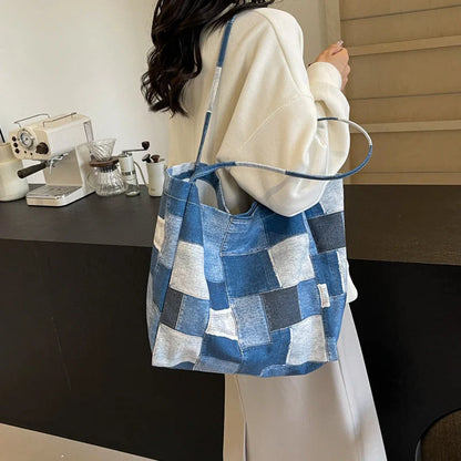 Women's denim tote bag with colour-contrast check design for daily use