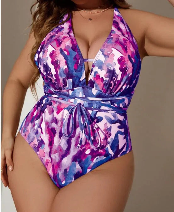 Blue solid colour women's halter swimsuit with briefs style design for swimming