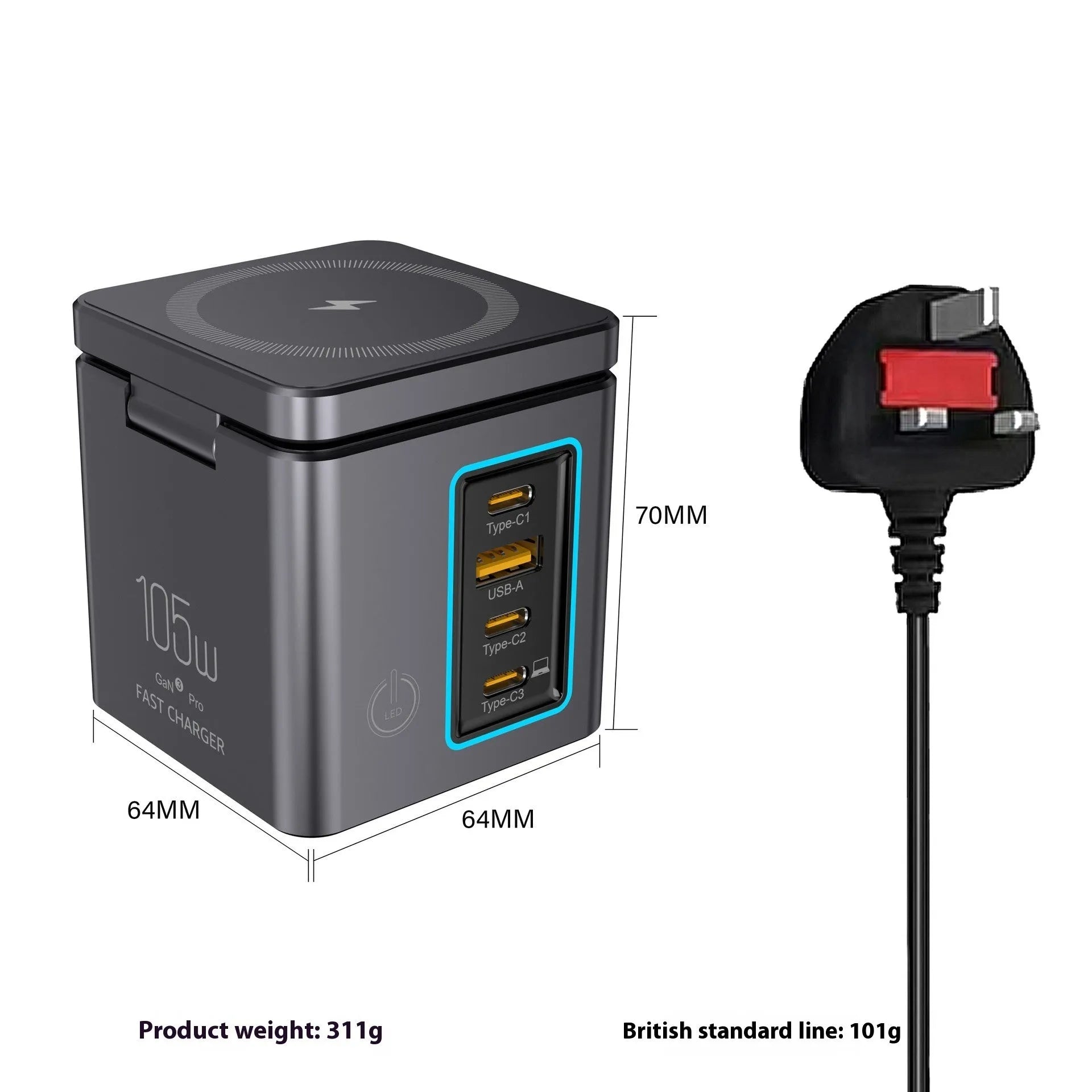 105W Multifunctional Magnetic Wireless Gallium Nitride Charger in black plastic with UK plug