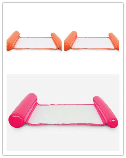 Inflatable water lounge chair in blue, floating in pool with hammock design visible