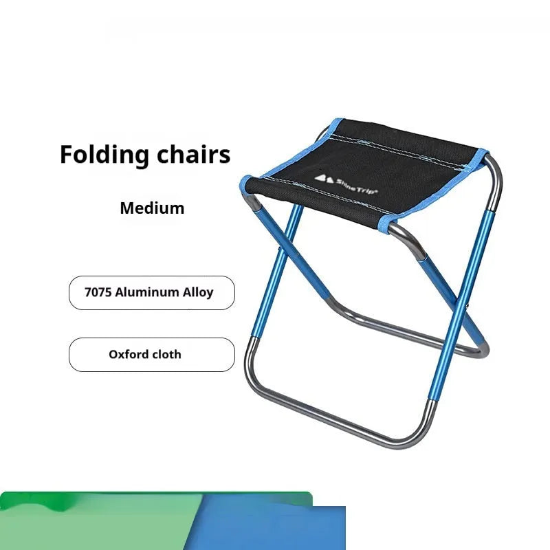 Black aluminium alloy folding camping stool in a national style, shown in folded and open positions.