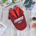 Red cotton dog coat with V-shaped front splicing design on a pet