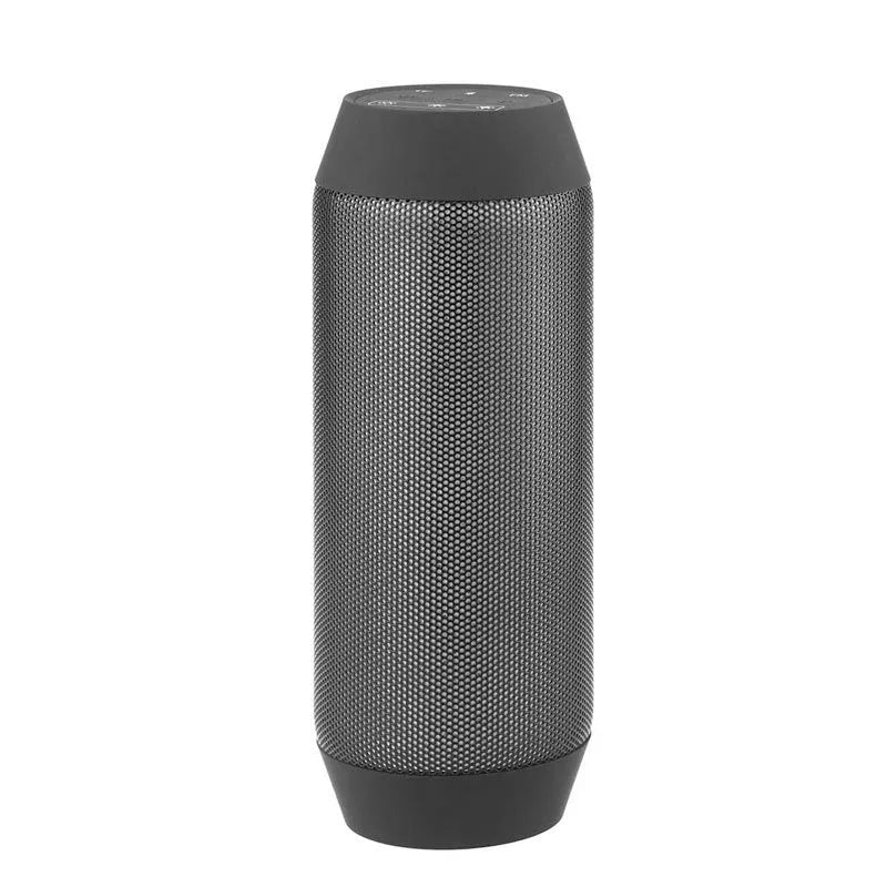 Black Bluetooth speaker with metal shell, colourful LED lights, and button controls on a desk