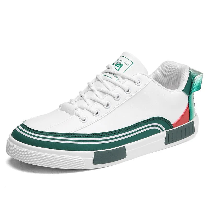 Men's beige and white with green casual canvas shoes showing mesh panel sections on sides.