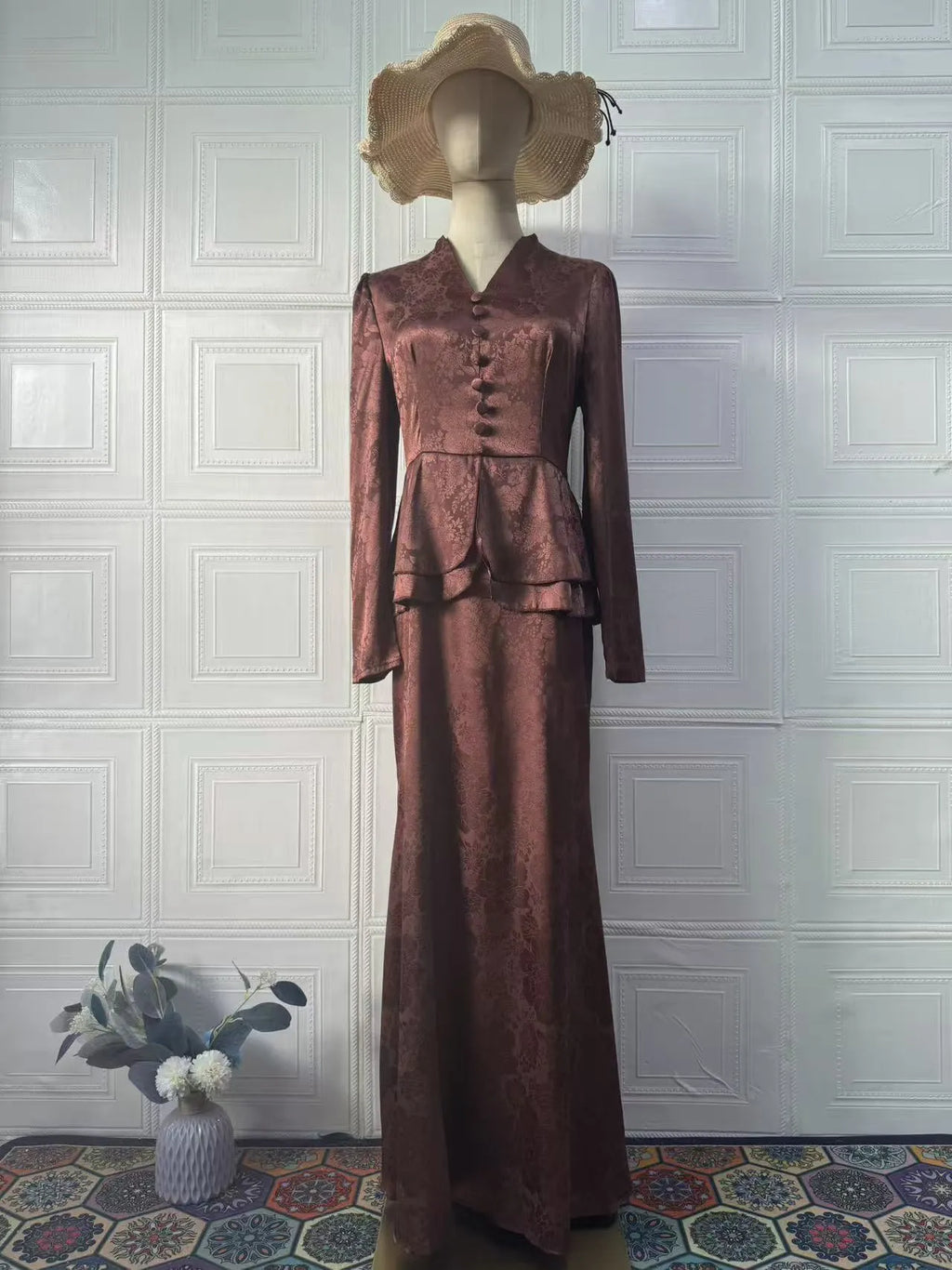 Dark brown long sleeve women's dress with floral pattern and button details on a fake two-piece design.