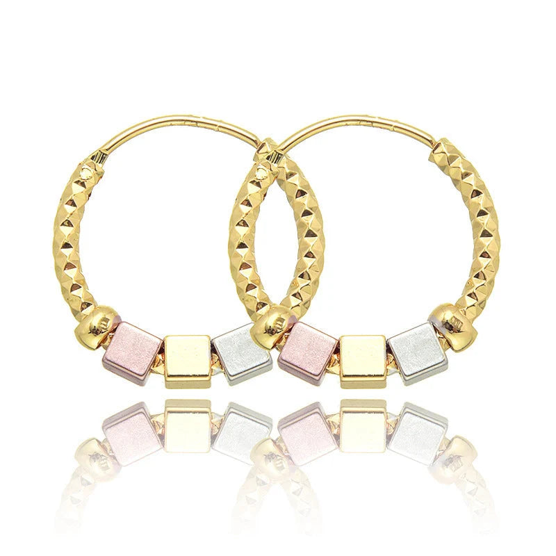 Hollow rosette earrings with gold contrast hoops, geometric copper jewellery
