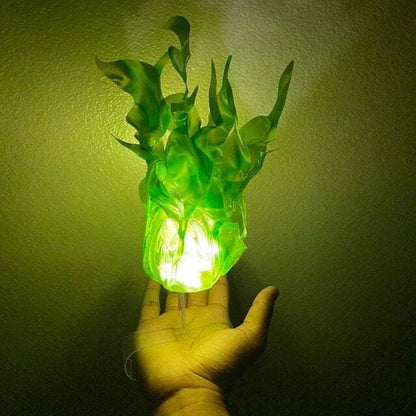 LED luminous floating fireball flame ornaments for Halloween decoration in blue, green, grey, and red.