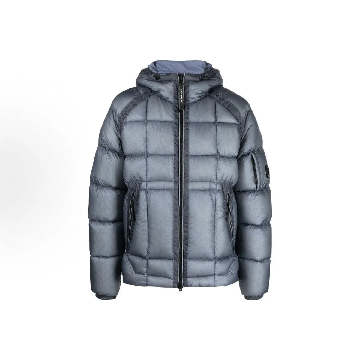 Men's winter hooded cotton coat in black with zippered pockets, plain front, and straight hem