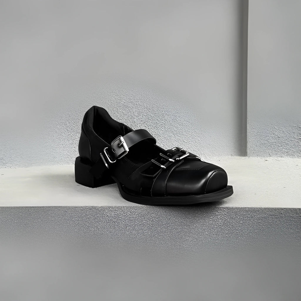 Black women's casual round toe PU mid heel shoes with metal buckle and belt decoration, front lace-up