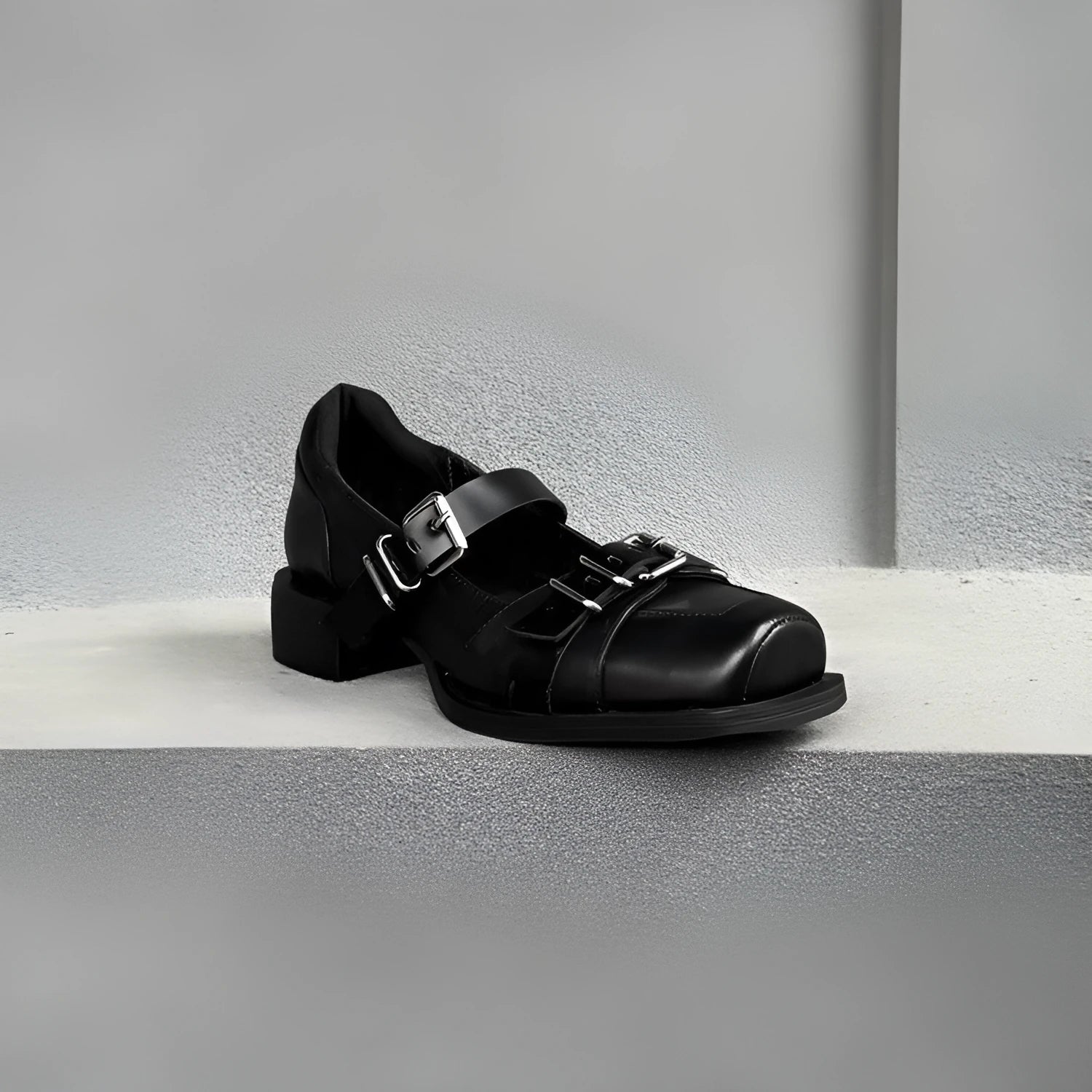Black women's casual round toe PU mid heel shoes with metal buckle and belt decoration, front lace-up