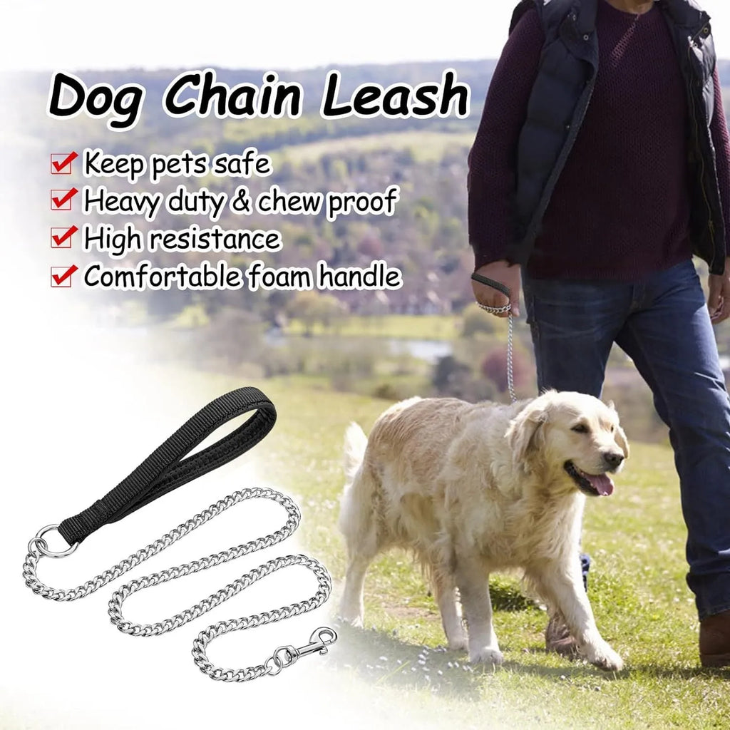 Heavy duty metal dog leash with a soft black padded handle and a silver chain, shown alongside blue and red colour options.