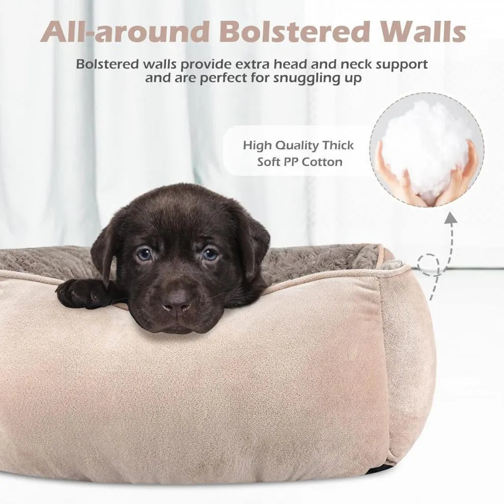 Grey stuffed fabric kennel dog bed for large dogs on a wooden floor