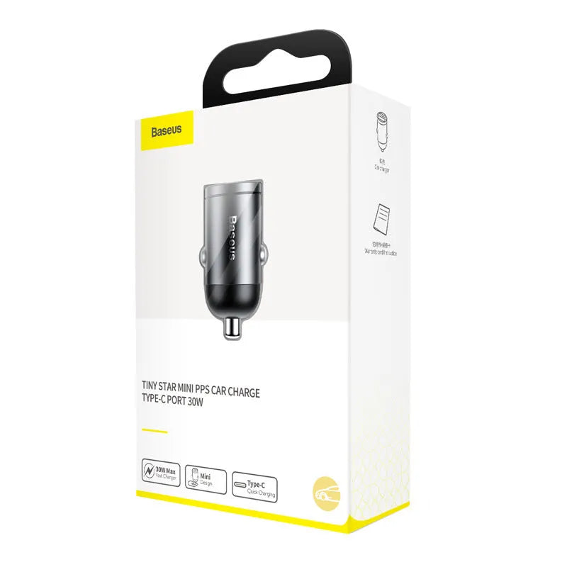Electro-optical grey 30W PPS fast car charger set with a single USB port and 1m cable.