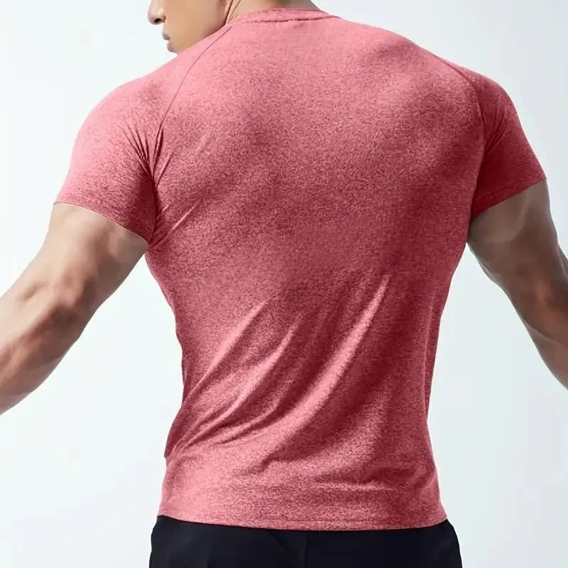 Men's stretch polyester short sleeve T-shirt in black, grey, green, or pink colours