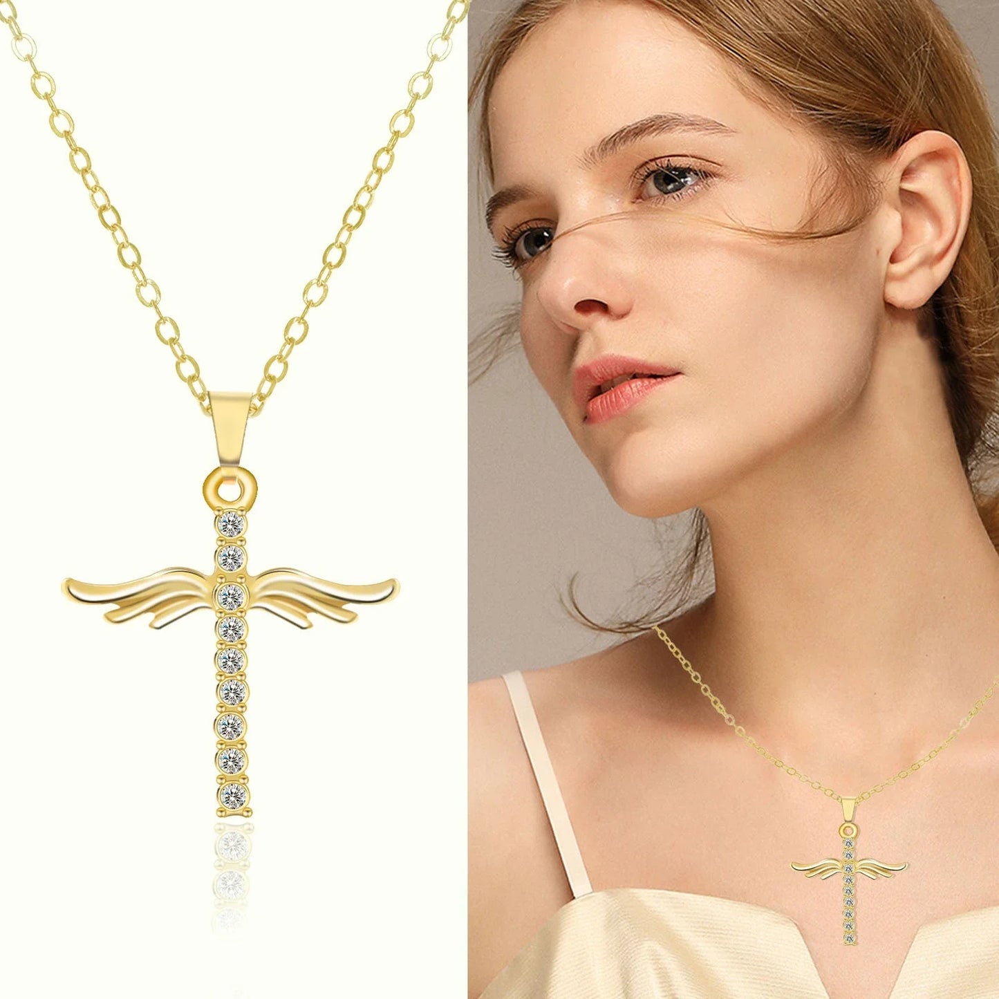 Elegant angel wings cross pendant necklace with adjustable snake-bone chain in gold and silver finishes