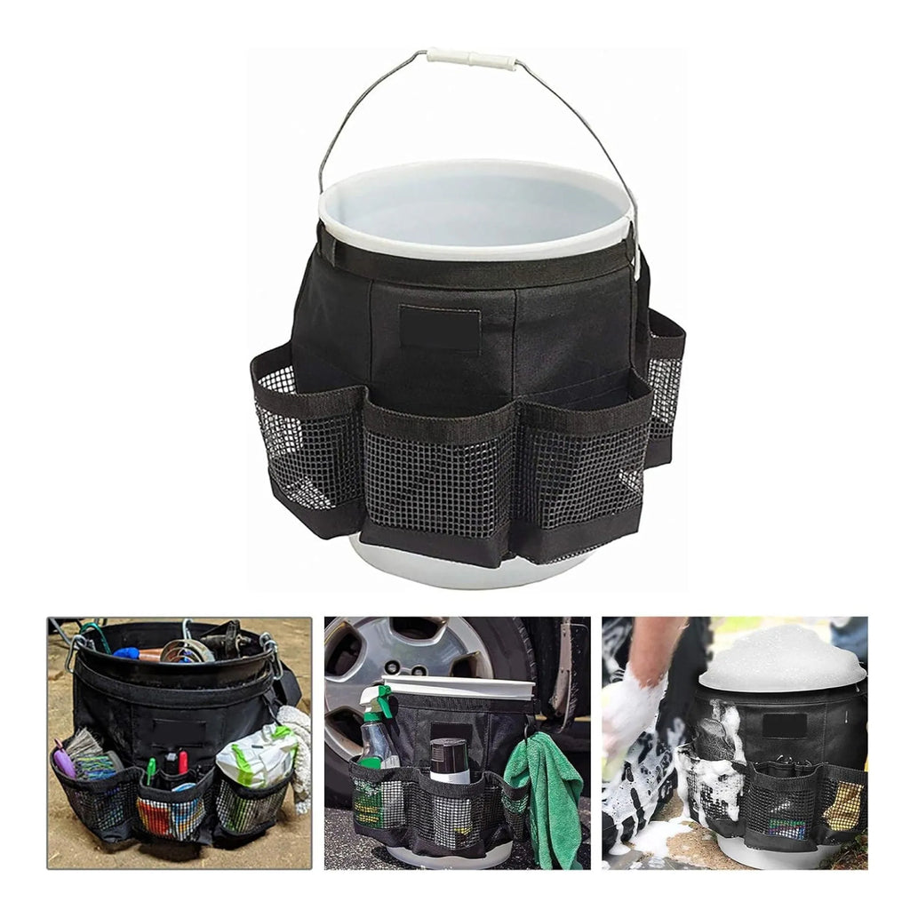 Black cylindrical polyester hanging storage bag designed to fit on a 5-gallon bucket for tool organisation.