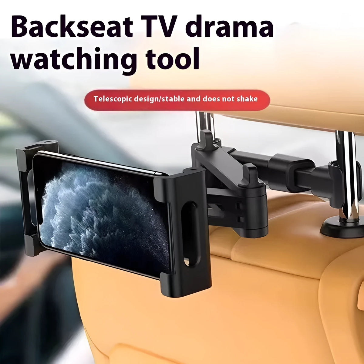 Car back seat mobile phone and tablet mounting stand in black with lace design, showing device in horizontal orientation