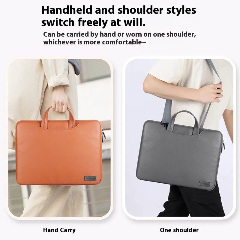 Black PU leather laptop bag with integrated power bank for a 15-inch notebook.