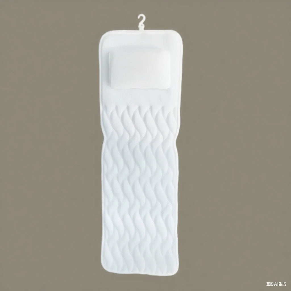White 4D mesh bathtub pillow with non-slip suction cups, shown on a bathtub.