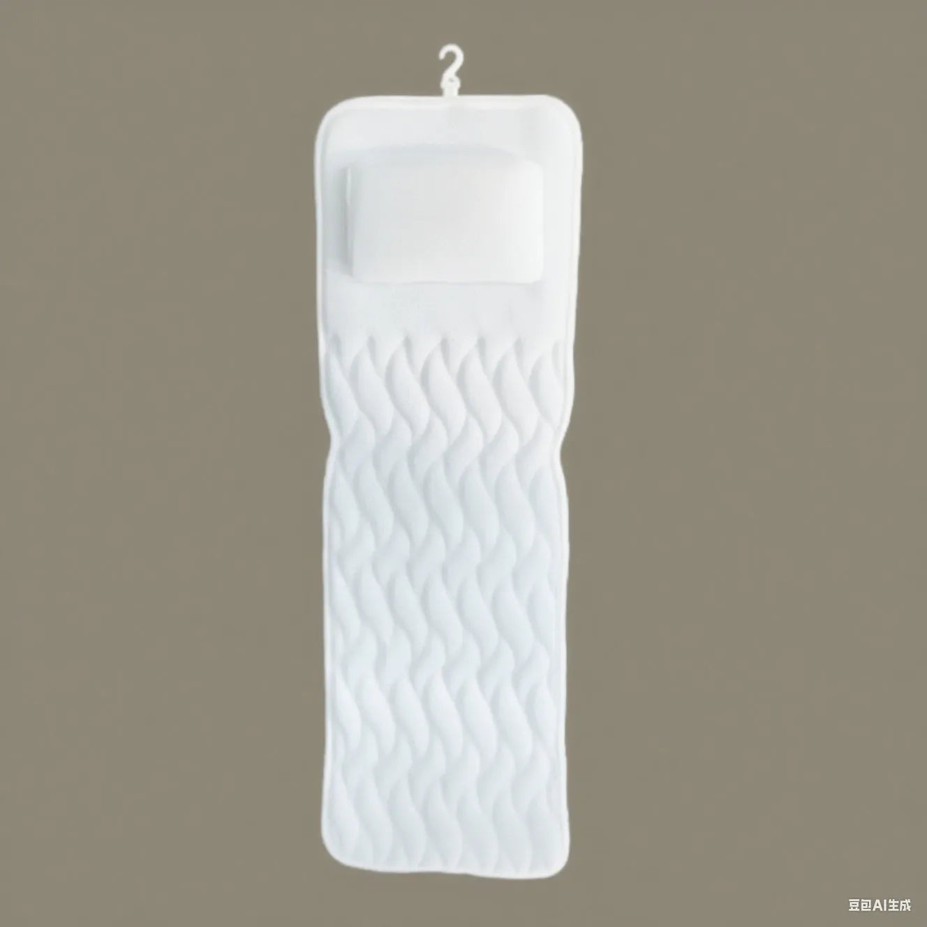 White 4D mesh bathtub pillow with non-slip suction cups, shown on a bathtub.