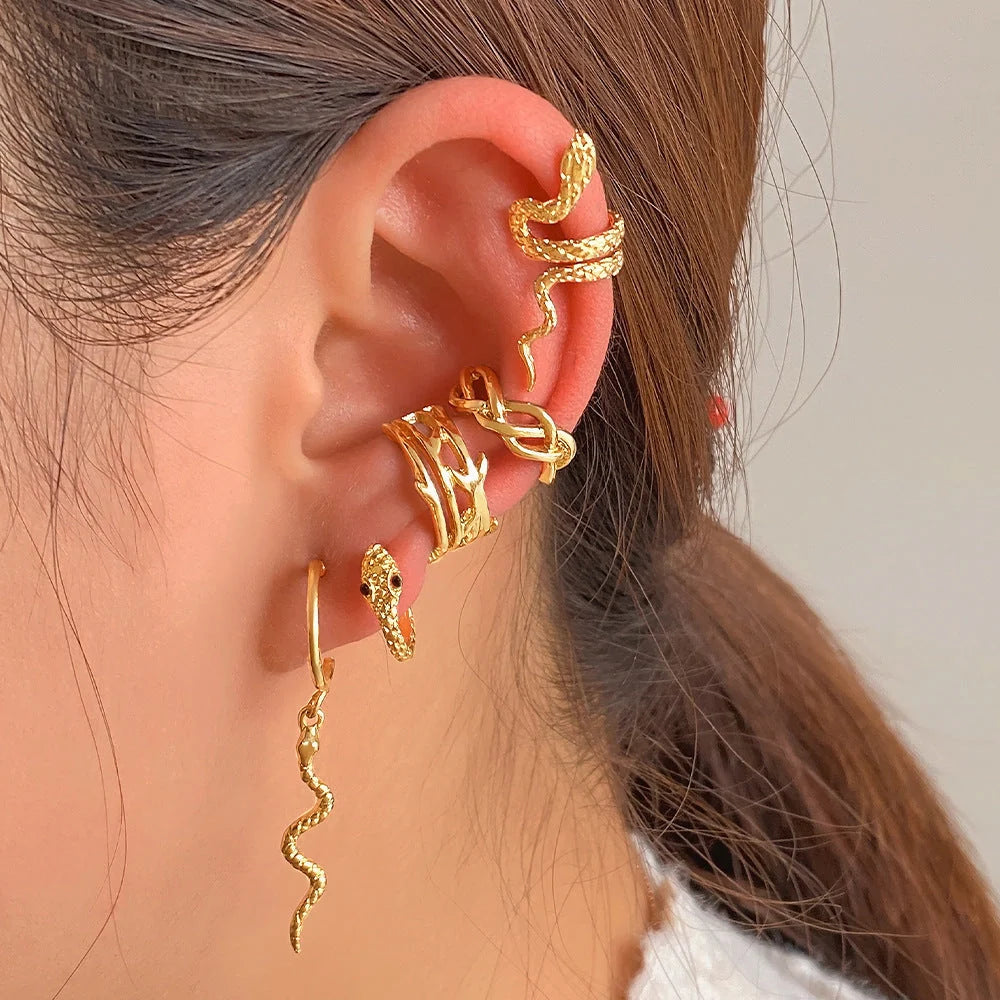 Gold plated snake clip earrings for women, no piercing required, punk jewellery