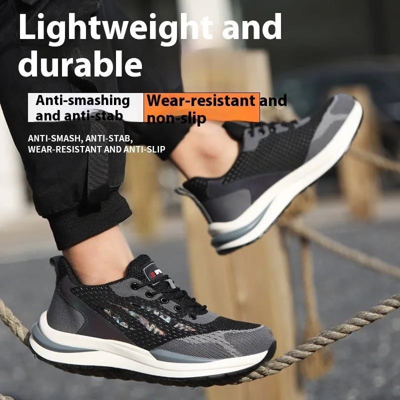 Men's black grey electrician safety shoes with anti-smash anti-puncture protection and plastic toe cap